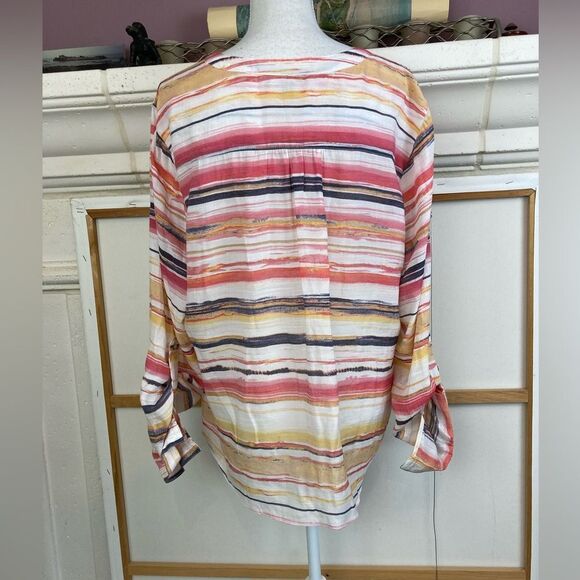 Zac & Rachel Striped Multicolor Button-down airy longer blouse or tie at waist - Picture 4 of 12